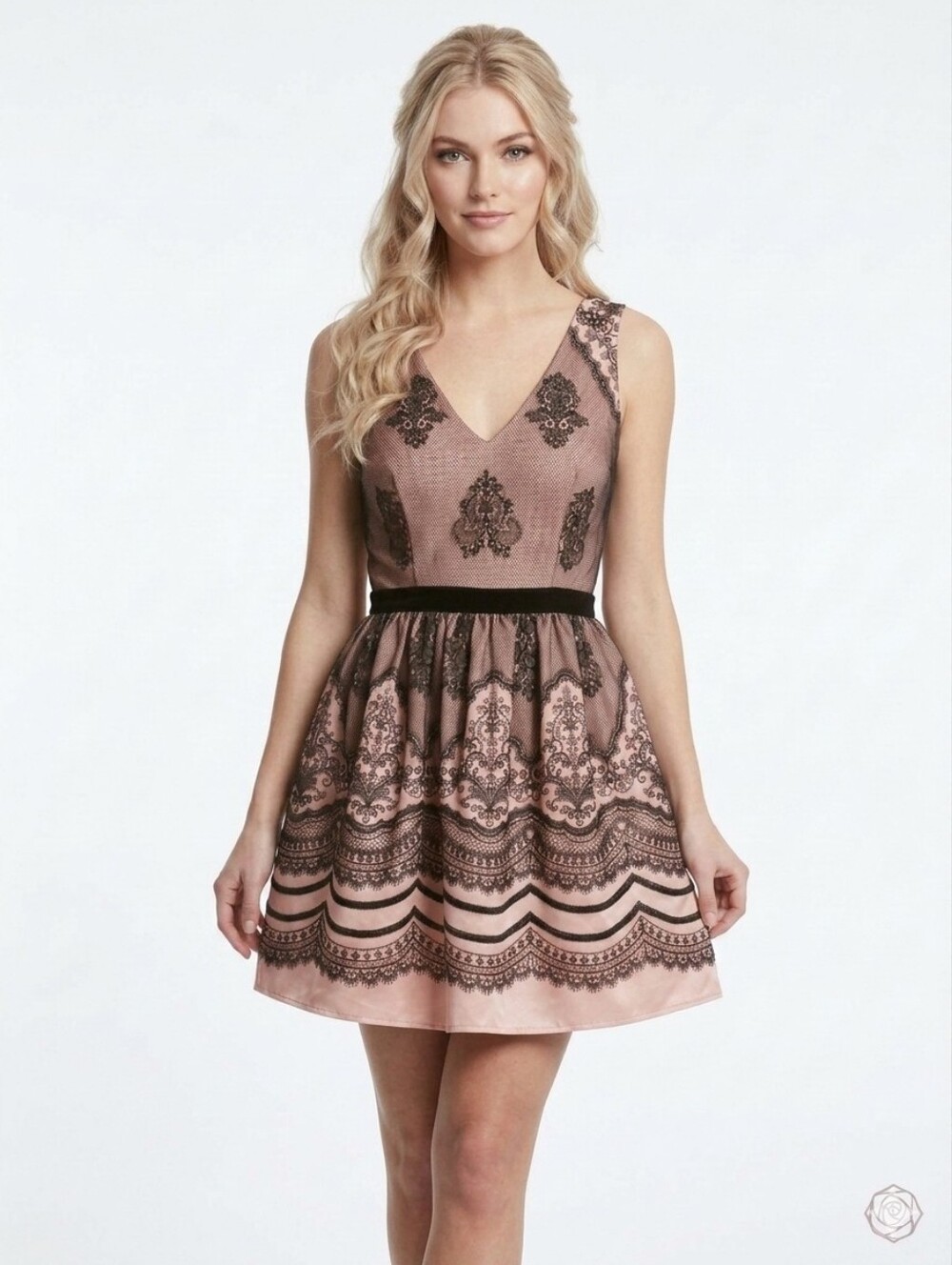 Bebe Fitted Dress With Flared Skirt And Embroidered Scalloped Edge